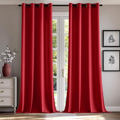 MIULEE Voile Gardinen mit ösen Vorhänge Halbtransparent Stores Vorhang Transparente ösenschal Wohnzimmer Schlaufenschal 2er Set 140x260cm Rot von MIULEE