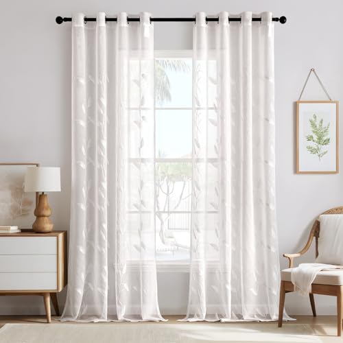 MIULEE Voile Vorhänge mit Ösen für das Wohnzimmer Elegante Transparente Gardinen mit Schönem Blättermuster und Stickerei 2er Set Perfekt für Moderne Schlafzimmer Größe H 260 x B 140 cm, Weiß von MIULEE