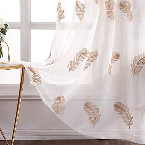 MIULEE Voile Vorhang Gardine Sheer Blumen mit Feder Stickerei Vorhänge mit Ösen Transparent Ösenvorhang Gardinenschal Fensterschal für Wohnzimmer Schlafzimmer 2er Set 140x175 cm(B x H) Feder Braun von MIULEE