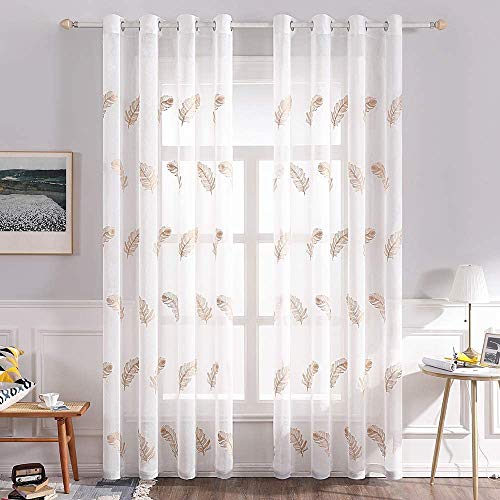 MIULEE Voile Vorhang Store Gardine Sheer Blumen mit Feder Stickerei Vorhänge mit Ösen Transparent Gardinenschal Fensterschal für Wohnzimmer Schlafzimmer 2er Set 140x215 cm(B x H) Feder Braun von MIULEE