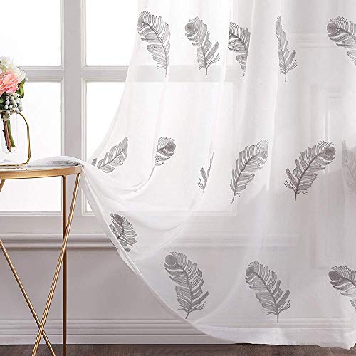MIULEE Voile Vorhang Store Gardine Sheer Blumen mit Feder Stickerei Vorhänge mit Ösen Transparent Ösenvorhang Gardinenschal Fensterschal für Wohnzimmer 2er Set 140x175 cm(B x H) Feder Grau von MIULEE