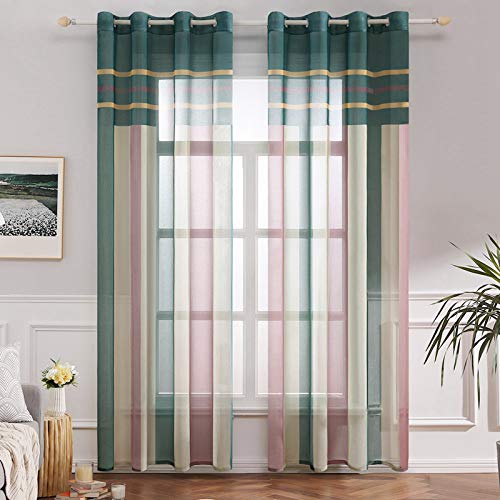 MIULEE Voile Vorhang Transparente Gardine Vorhänge aus Voile mit Ösen Dekorative Schlaufenschal Ösenschals Transparent Fensterschal Wohnzimmer Schlafzimmer 2er Set 140x175 cm Grün und Rosa von MIULEE