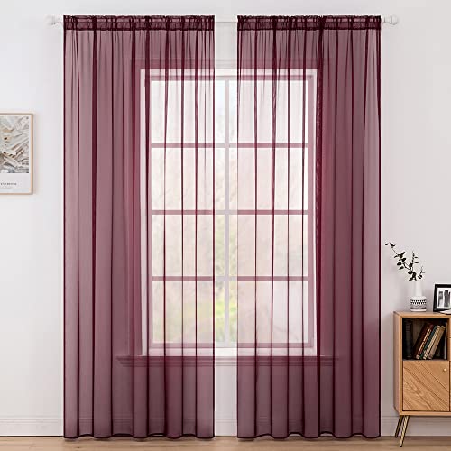 MIULEE Voile Vorhang Transparente Gardine aus Voile Einfarbig Stangendurchzug Transparent Wohnzimmer Luftig Dekoschal für Schlafzimmer 2er Set 145 x 140cm (H x B), Rod Pocket Rot von MIULEE