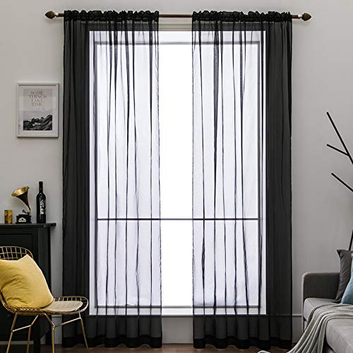 MIULEE Voile Vorhang Transparente Gardine aus Voile Einfarbig Stangendurchzug Transparent Wohnzimmer Luftig Dekoschal für Schlafzimmer 2er Set 145 x 140cm (H x B), Rod Pocket Schwarz von MIULEE