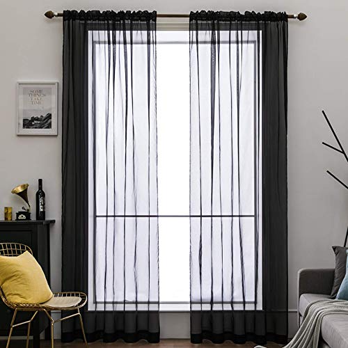MIULEE Voile Vorhang Transparente Gardine aus Voile Einfarbig Stangendurchzug Transparent Wohnzimmer Luftig Dekoschal für Schlafzimmer 2er Set 160 x 140cm (H x B), Rod Pocket Schwarz von MIULEE