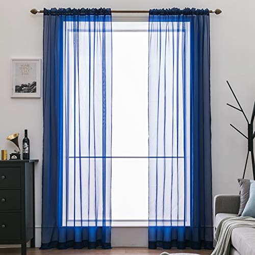 MIULEE Voile Vorhang Transparente Gardine aus Voile Einfarbig Stangendurchzug Wohnzimmer Luftig Dekoschal für Schlafzimmer 2er Set 145 x 140cm (H x B), Rod Pocket Dunkelblau von MIULEE