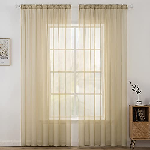 MIULEE Voile Vorhang Transparente Gardine aus Voile Einfarbig Stangendurchzug Wohnzimmer Luftig Dekoschal für Schlafzimmer 2er Set 145 x 140cm (H x B), Rod Pocket Hellbraun von MIULEE