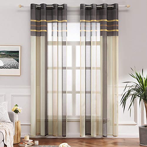 MIULEE Voile Vorhang Transparente Gardine aus Voile mit Ösen Schlaufenschal Ösenschals Transparent Fensterschal Wohnzimmer Schlafzimmer 2er Set 140x225 cm Kaffee und Gelb von MIULEE