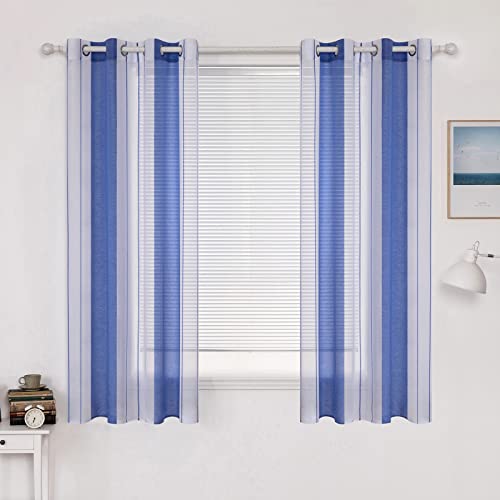 MIULEE Gardinen Gestreift Transparent mit Ösen, Voile Vorhänge Wohnzimmer 2er Set, Vorhang Schlafzimmer Transparent mit Blau Weiss Gestreift Muster, Kurz Vorhang Halbtransparent Streifen 140X145 cm von MIULEE