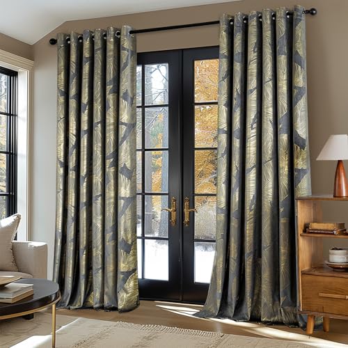 MIULEE Vorhänge mit Goldfolie Blätter Muster, 2 Stück Grau Gardinen mit Ösen 228x228 cm, Superweich Samt Vorhang Blickdicht für Deko Wohnzimmer Schlafzimmer, Extra Breite Samtvorhang von MIULEE