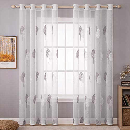 MIULEE Wohnzimmer Vorhänge Transparent mit Grau und Weiss Blätter Muster, Extra Lange Stickerei Gardinen Ösen für Schlafzimmer Deko, 2er Set Schöne Blätter Muster Vorhang Fenster H 290 x B 140 von MIULEE