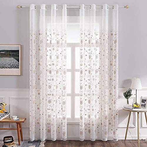 MIULEE Vorhänge mit Blumen Stickerei Muster, Gardinen Braun für Wohnzimmer, Schlafzimmer Vorhang Transparent mit Ösen, 2er Set Voile Durchsichtig Vorhänge, Jeder H 260 X B 140cm von MIULEE