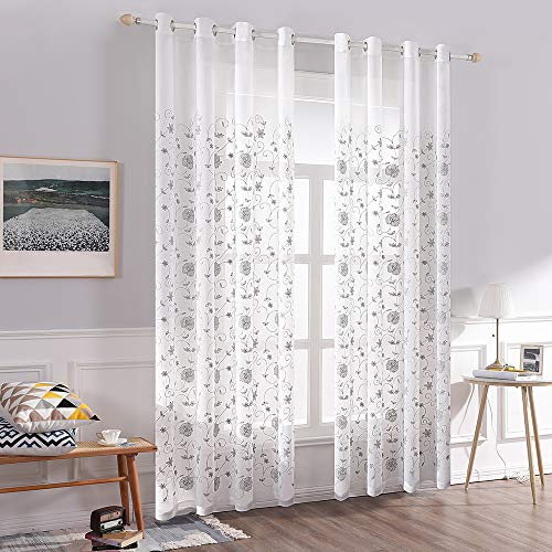 MIULEE Vorhänge mit Blumen Stickerei Muster, Gardinen Grau für Wohnzimmer, Schlafzimmer Vorhang Transparent mit Ösen, 2er Set Voile Durchsichtig Vorhänge, Jeder H 225 X B 140cm von MIULEE