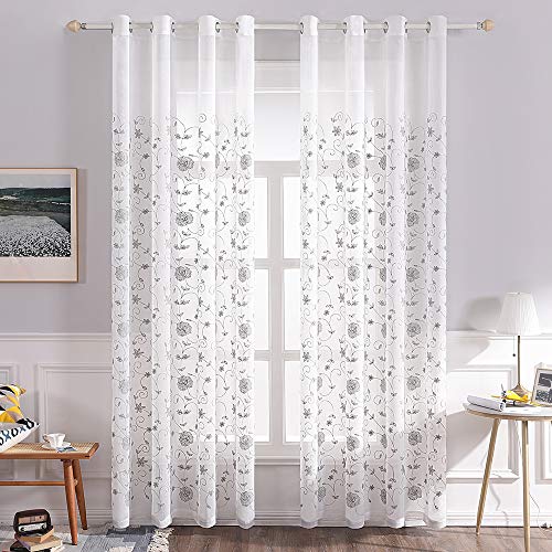 MIULEE Vorhänge mit Blumen Stickerei Muster, Gardinen Grau für Wohnzimmer, Schlafzimmer Vorhang Transparent mit Ösen, 2er Set Voile Durchsichtig Vorhänge, Jeder H 245 X B 140cm von MIULEE