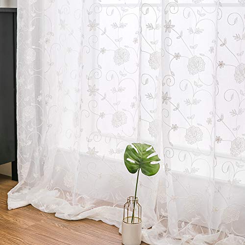 MIULEE Vorhänge mit Blumen Stickerei Muster, Gardinen Weiß für Wohnzimmer, Schlafzimmer Vorhang Transparent mit Ösen, 2er Set Voile Durchsichtig Vorhänge, Jeder H 225 X B 140cm von MIULEE