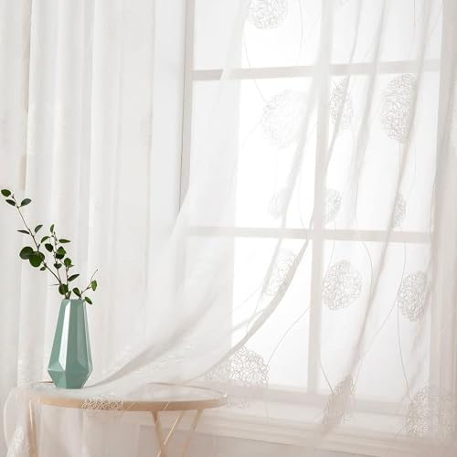 MIULEE Vorhänge mit Florales Stickerei, Gardinen Weiß für Wohnzimmer, Schlafzimmer Vorhang Transparent mit Ösen, 2er Set Voile Blumen Durchsichtig Vorhänge, Jeder H 137 X B 140cm von MIULEE