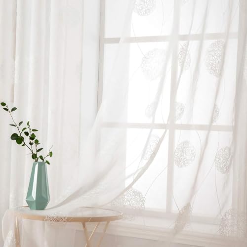 MIULEE Vorhänge mit Florales Stickerei, Gardinen Weiß für Wohnzimmer, Schlafzimmer Vorhang Transparent mit Ösen, 2er Set Voile Blumen Durchsichtig Vorhänge, Jeder H 200 X B 140cm von MIULEE