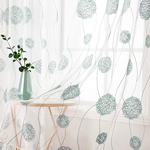 MIULEE Vorhänge mit Florales Stickerei, Gardinen Weiß mit Blau Muste für Wohnzimmer, Schlafzimmer Vorhang Transparent mit Ösen, 2er Set Voile Blumen Durchsichtig Vorhänge, Jeder H 215 X B 140cm von MIULEE