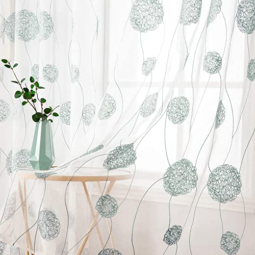 MIULEE Vorhänge mit Florales Stickerei, Gardinen Weiß mit Blau Muste für Wohnzimmer, Schlafzimmer Vorhang Transparent mit Ösen, 2er Set Voile Blumen Durchsichtig Vorhänge, Jeder H 260 X B 140cm von MIULEE