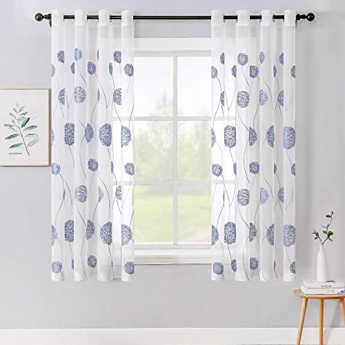 MIULEE Vorhänge mit Florales Stickerei, Gardinen Weiß mit Dunkelblau Muste für Wohnzimmer, Schlafzimmer Vorhang Transparent mit Ösen, 2er Set Voile Blumen Durchsichtig Vorhänge, Jeder H 145 X B 140cm von MIULEE