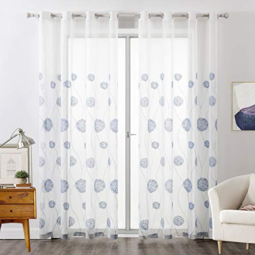 MIULEE Vorhänge mit Florales Stickerei, Gardinen Weiß mit Dunkelblau Muste für Wohnzimmer, Schlafzimmer Vorhang Transparent mit Ösen, 2er Set Voile Blumen Durchsichtig Vorhänge, Jeder H 215 X B 140cm von MIULEE