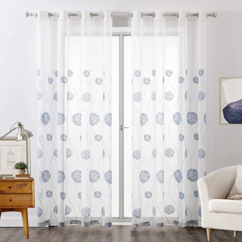 MIULEE Vorhänge mit Florales Stickerei, Gardinen Weiß mit Dunkelblau Muste für Wohnzimmer, Schlafzimmer Vorhang Transparent mit Ösen, 2er Set Voile Blumen Durchsichtig Vorhänge, Jeder H 245 X B 140cm von MIULEE