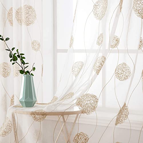 MIULEE Vorhänge mit Florales Stickerei, Gardinen Weiß mit Golden Muste für Wohnzimmer, Schlafzimmer Vorhang Transparent mit Ösen, 2er Set Voile Blumen Durchsichtig Vorhänge, Jeder H 160 X B 140cm von MIULEE