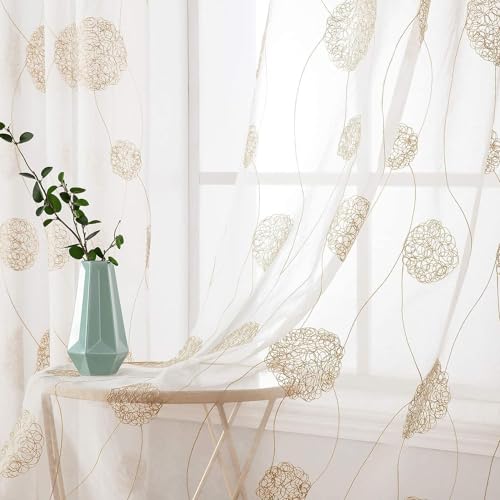 MIULEE Vorhänge mit Florales Stickerei, Gardinen Weiß mit Golden Muste für Wohnzimmer, Schlafzimmer Vorhang Transparent mit Ösen, 2er Set Voile Blumen Durchsichtig Vorhänge, Jeder H 280 X B 140cm von MIULEE