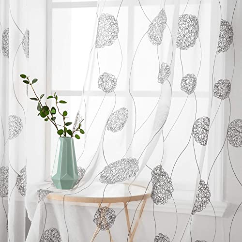MIULEE Vorhänge mit Florales Stickerei, Gardinen Weiß mit Grau Muste für Wohnzimmer, Schlafzimmer Vorhang Transparent mit Ösen, 2er Set Voile Blumen Durchsichtig Vorhänge, Jeder H 160 X B 140cm von MIULEE