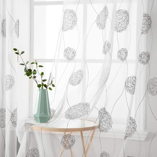 MIULEE Vorhänge mit Florales Stickerei, Gardinen Weiß mit Grau Muste für Wohnzimmer, Schlafzimmer Vorhang Transparent mit Ösen, 2er Set Voile Blumen Durchsichtig Vorhänge, Jeder H 300 X B 140cm von MIULEE