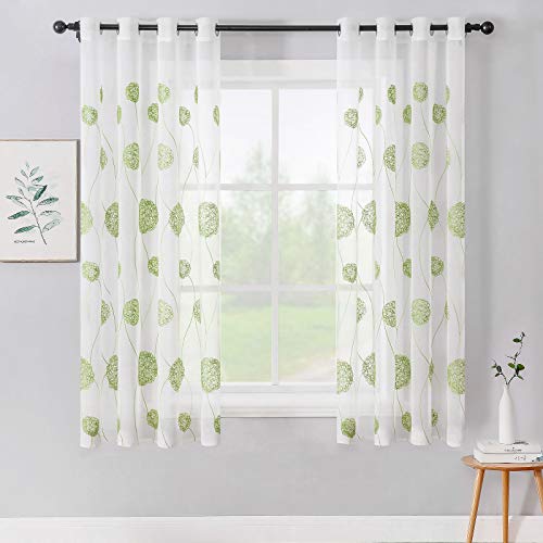 MIULEE Vorhänge mit Florales Stickerei, Gardinen Weiß mit Grün Muste für Wohnzimmer, Schlafzimmer Vorhang Transparent mit Ösen, 2er Set Voile Blumen Durchsichtig Vorhänge, Jeder H 145 X B 140cm von MIULEE