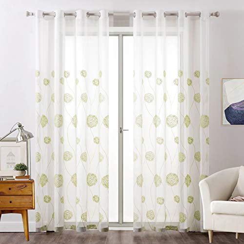 MIULEE Vorhänge mit Florales Stickerei, Gardinen Weiß mit Grün Muste für Wohnzimmer, Schlafzimmer Vorhang Transparent mit Ösen, 2er Set Voile Blumen Durchsichtig Vorhänge, Jeder H 225 X B 140cm von MIULEE