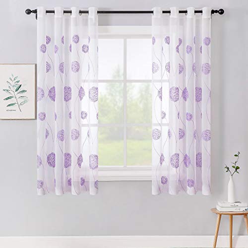 MIULEE Vorhänge mit Florales Stickerei, Gardinen Weiß mit Lila Muste für Wohnzimmer, Schlafzimmer Vorhang Transparent mit Ösen, 2er Set Voile Blumen Durchsichtig Vorhänge, Jeder H 160 X B 140cm von MIULEE
