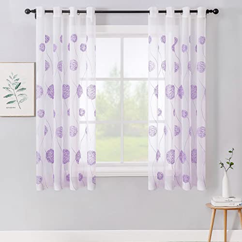 MIULEE Vorhänge mit Florales Stickerei, Gardinen Weiß mit Lila Muste für Wohnzimmer, Schlafzimmer Vorhang Transparent mit Ösen, 2er Set Voile Blumen Durchsichtig Vorhänge, Jeder H 175 X B 140cm von MIULEE