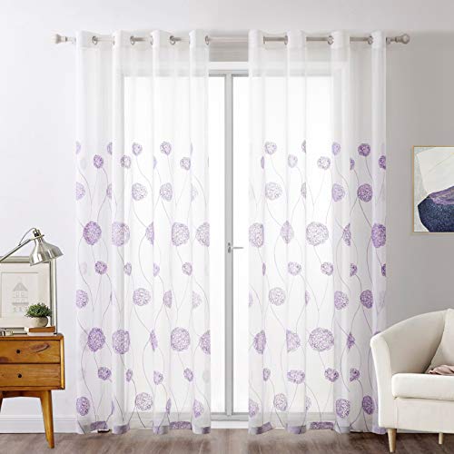 MIULEE Vorhänge mit Florales Stickerei, Gardinen Weiß mit Lila Muste für Wohnzimmer, Schlafzimmer Vorhang Transparent mit Ösen, 2er Set Voile Blumen Durchsichtig Vorhänge, Jeder H 215 X B 140cm von MIULEE