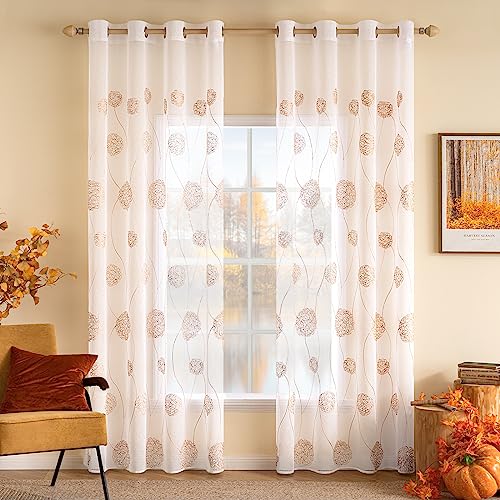 MIULEE Vorhänge mit Florales Stickerei, Gardinen Weiß mit Orange Muste für Wohnzimmer, Schlafzimmer Vorhang Transparent mit Ösen, 2er Set Voile Blumen Durchsichtig Vorhänge, Jeder H 160 X B 140cm von MIULEE