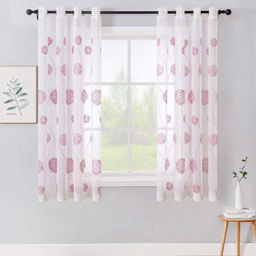 MIULEE Vorhänge mit Florales Stickerei, Gardinen Weiß mit Rosa Muste für Wohnzimmer, Schlafzimmer Vorhang Transparent mit Ösen, 2er Set Voile Blumen Durchsichtig Vorhänge, Jeder H 175 X B 140cm von MIULEE