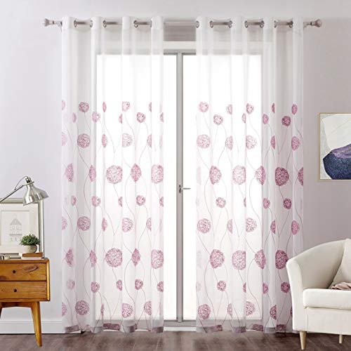 MIULEE Vorhänge mit Florales Stickerei, Gardinen Weiß mit Rosa Muste für Wohnzimmer, Schlafzimmer Vorhang Transparent mit Ösen, 2er Set Voile Blumen Durchsichtig Vorhänge, Jeder H 215 X B 140cm von MIULEE