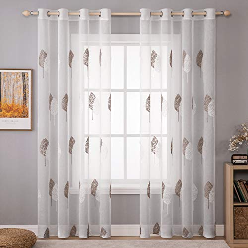 MIULEE Vorhänge mit Kaffee und Weiß Blätter Muster, Stickerei Vorhang Transparent, Ösen Gardinen Für Wohnzimmer, Ösenvorhang Durchsichtig, 2er Set Modern Schlafzimmer Vorhänge, Jeder H 245 X B 140cm von MIULEE