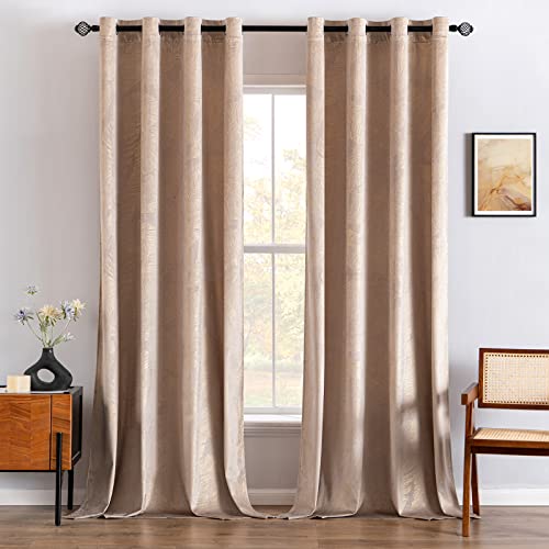 MIULEE Vorhänge Samt mit Goldfolie Blätter Muster, 2 Stück Beige Samt Gardinen mit Ösen, Jedes 245 cm Hoch, Superweich Vorhang Blickdicht für Deko Wohnzimmer Schlafzimmer, Schöne Samtvorhang von MIULEE