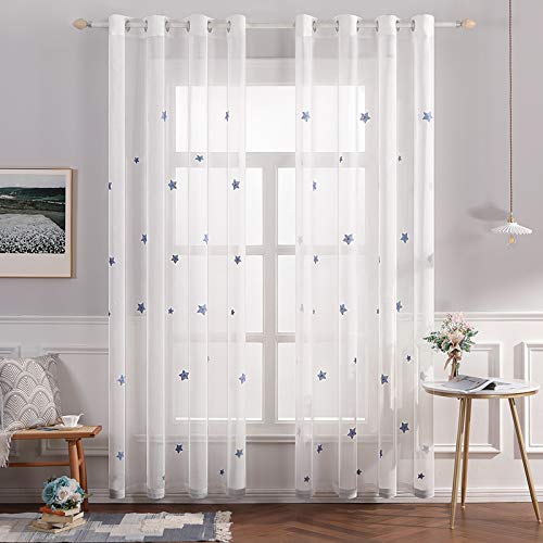 MIULEE Vorhang 2er Set Voile Sheer Sterne Stickerei Ösen Transparent Deko Gardine Ösenvorhang Schals Fensterschal für Kinderzimmer Wohnzimmer Schlafzimmer 140x175 cm（B x H） Sterne Blau von MIULEE