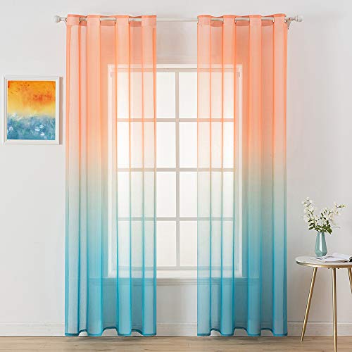 MIULEE Vorhang Gardine 2er Set Voile Vorhänge Sheer Leinenvorhang Ösen transparent Farbverlauf Schal Ösenschal für Wohnzimmer Schlafzimmer Kinderzimmer 140x260 cm (B x H) Orange und Blau von MIULEE
