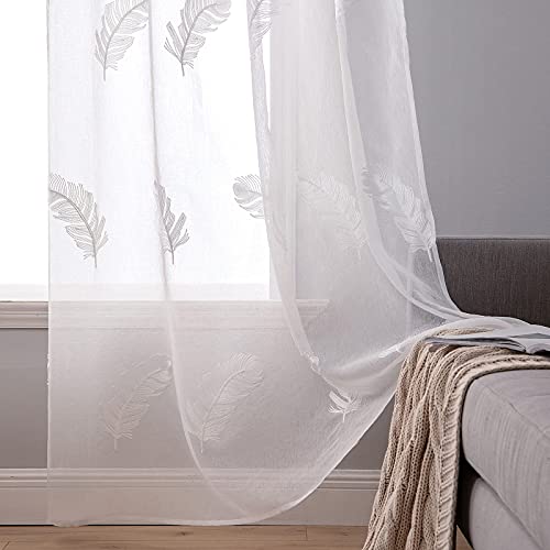 MIULEE Vorhang Sheer Voile Blumen Stickerei Vorhänge mit Ösen transparent Gardine 2 Stücke Ösenvorhang Gaze paarig schals Fensterschal für Wohnzimmer Schlafzimmer 245cm x 140cm(H x B) von MIULEE