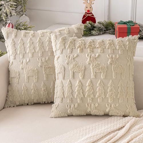 MIULEE Weihnachten Kissenbezug Weihnachtstag 2er Set Kurz Wolle und Samt Kissenbezüge Deko Luxuriöses Winter Zierkissenbezug für Sofa Schlafzimmer Wohnzimmer, Elch-Muster, Beige, 40x40cm von MIULEE