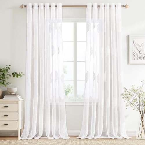 MIULEE Wohnzimmer Gardinen Transparent mit Weiss Blätter Muster, Modern Stickerei Gardinen Ösen für Schlafzimmer Deko, 2er Set Schöne Blätter Muster Vorhang Fenster H 245 x B 200 von MIULEE