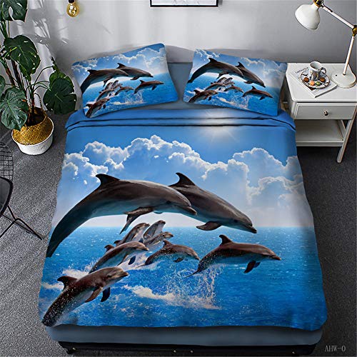 Bettwäsche Sets Blauer Ozean Tier Delfin Schön Sonnenaufgang Sonnenuntergang Abendlandschaft Springen Muster Mädchen Bettbezug Einzigartig Visueller Schock (Delfin 02, 135x200cm) von MIUNNG