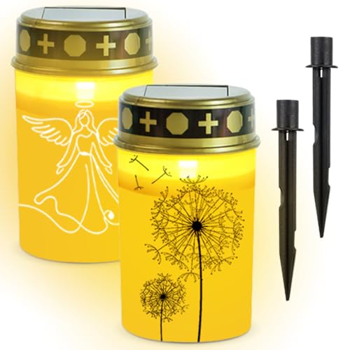 2 Solar LED Grablicht Friedhofskerzen Wasserdichtes Outdoor Stabilisierungsbügel Grablicht mit Dämmerungssensor Grablichter mit Erdspieß Elektrische Grablichte Gedenkkerze (Löwenzahn and Engel) von MIUUIPI