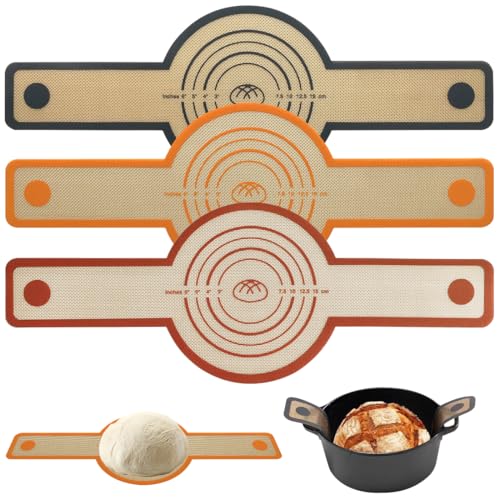 3PCS Silikon Backmatte für Dutch Oven, 24cm&21cm Silikon Brotschlinge mit Langen Griffen,Wiederverwendbare Backmatte Brot, Backunterlage für Brottopf, Teig, Backofen von MIUUIPI