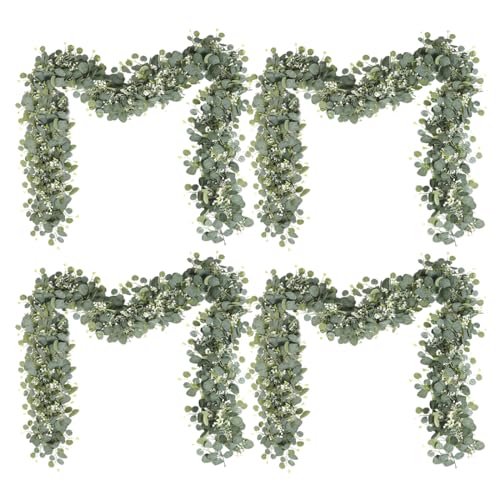 4 Stück Eukalyptus Girlande, Künstliche Girlanden Pflanze 180cm Hängend Blätter Weiße Blume Girlande Grün Eukalyptus Deko Blumengirlande Künstliche Pflanze Hängepflanze für Hochzeit Partys Türrahmen von MIUUIPI