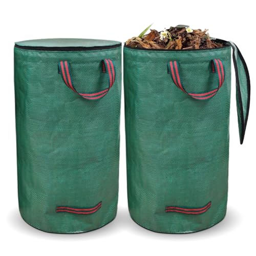 Gartenabfallsack 120Lx2, Gartensack Laubsack mit Deckel, Gartensäcke Grünabfall Wasserdicht Faltbar Wiederverwendbar Robust, Grassack mit Griffe, Behälter für Gartenabfälle, Unkraut, Schmutz, Blätter von MIUUIPI